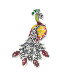 Elegant Peacock Brooch with Marquise Agate