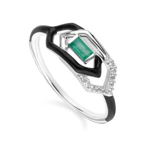 GRAND DECO ENAMEL, WHITE TOPAZ & EMERALD LINK RING IN WHITE GOLD